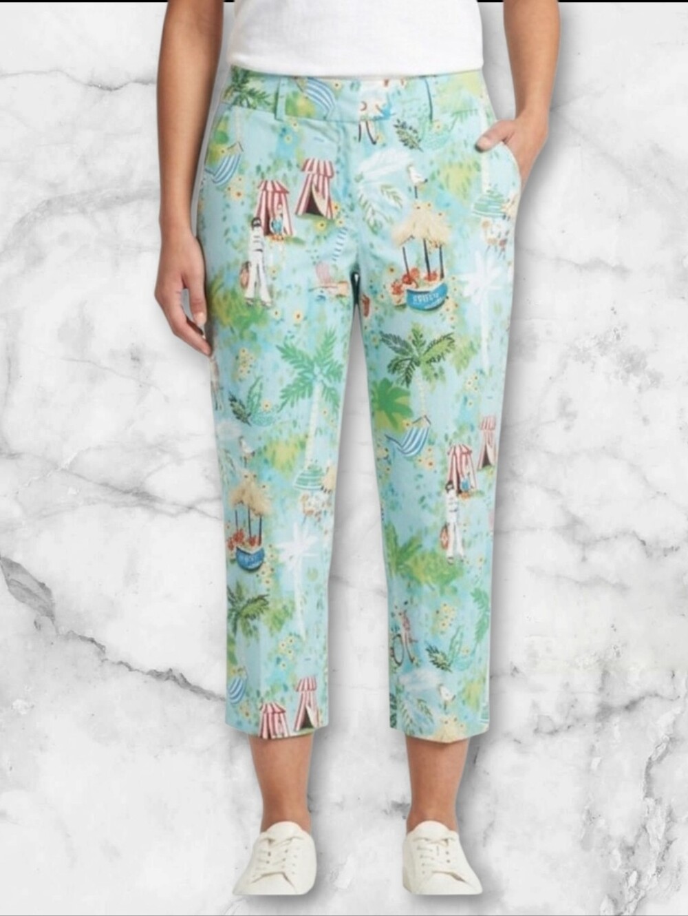 Larry Levine Tropical Beach Print Pants Size 12 Coastal Grandma Resort Stretch